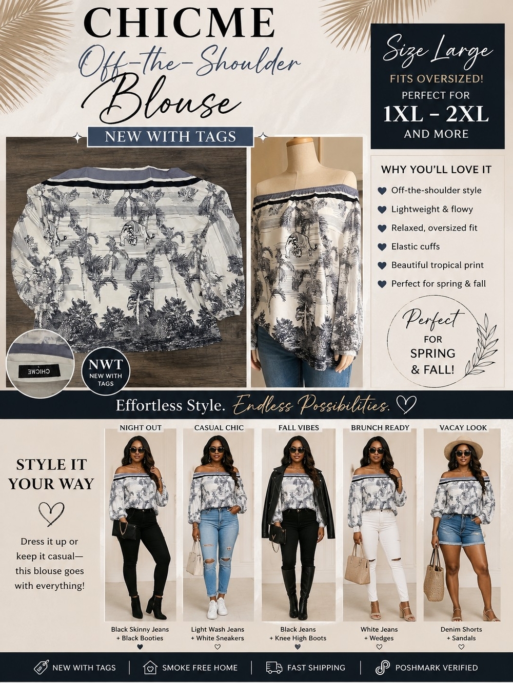 CHICME Off-the-Shoulder White and Navy Tropical Print Blouse